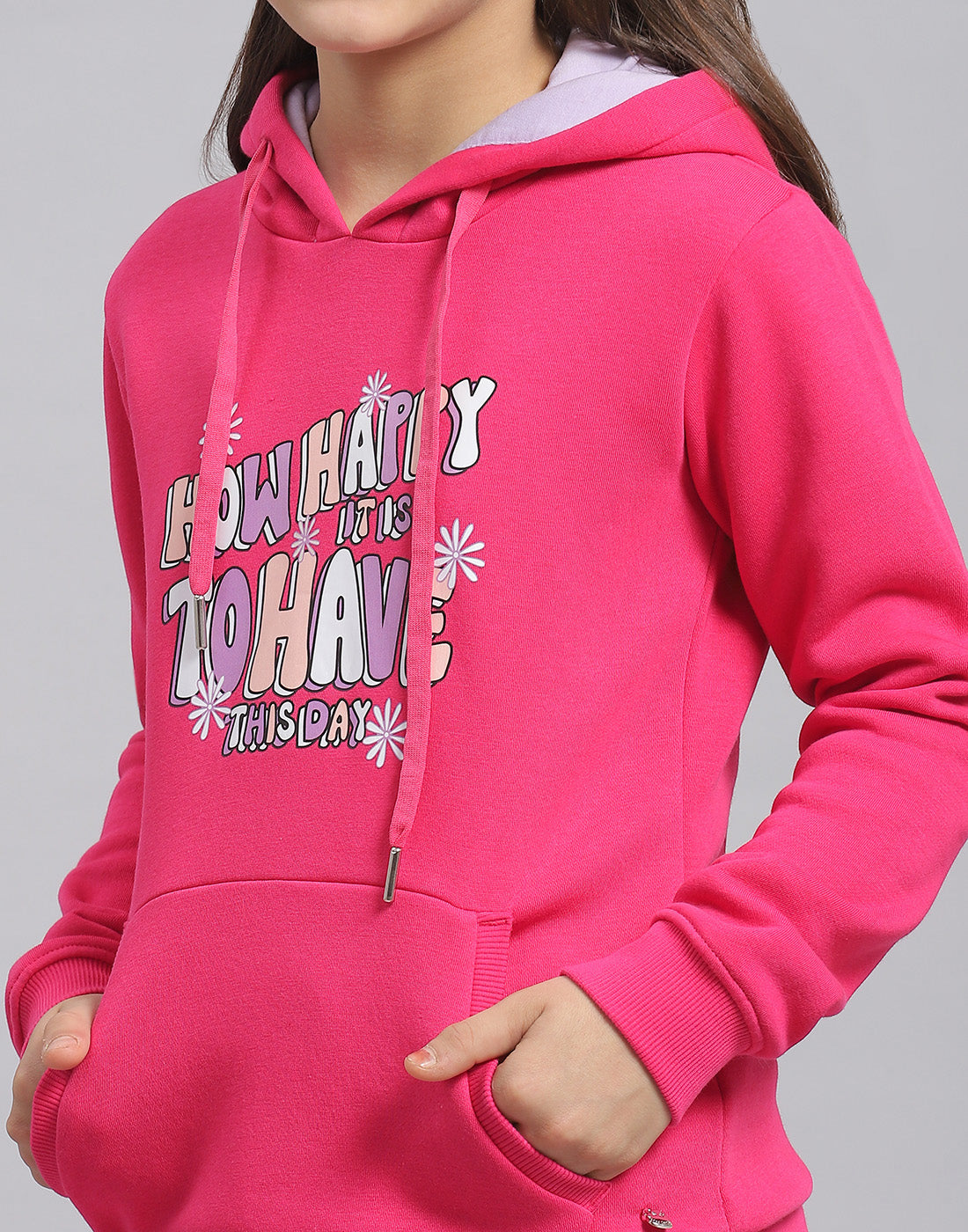 Girls Magenta Printed Hooded Full Sleeve Sweatshirt