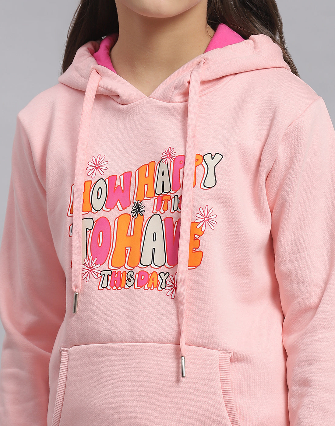 Girls Pink Printed Hooded Full Sleeve Sweatshirt