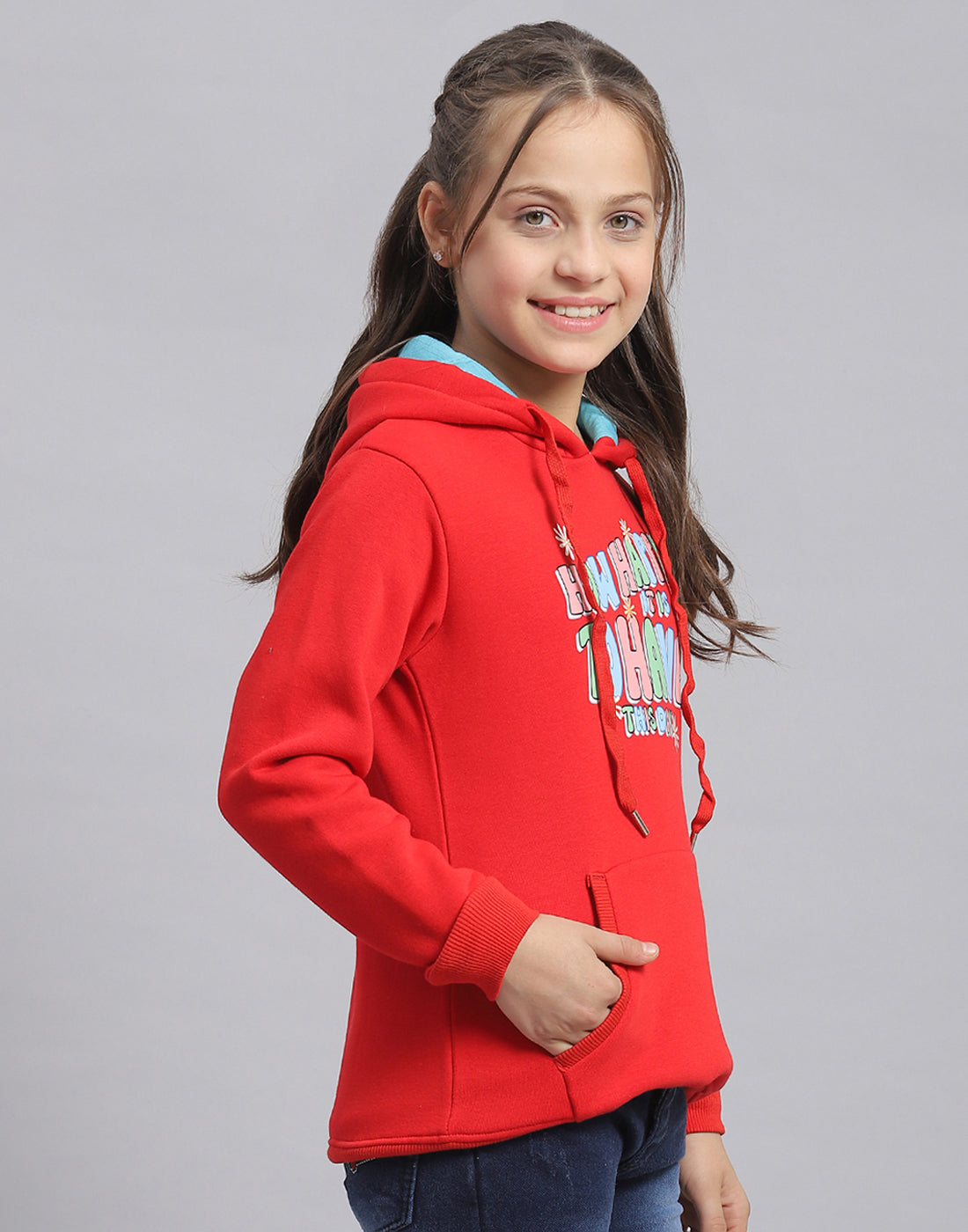 Girls Red Printed Hooded Full Sleeve Sweatshirt