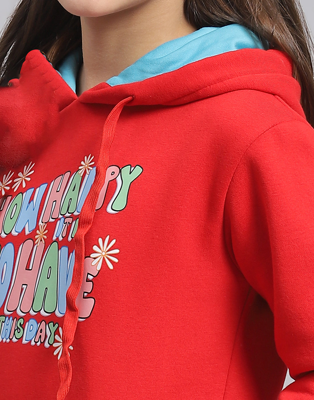 Girls Red Printed Hooded Full Sleeve Sweatshirt