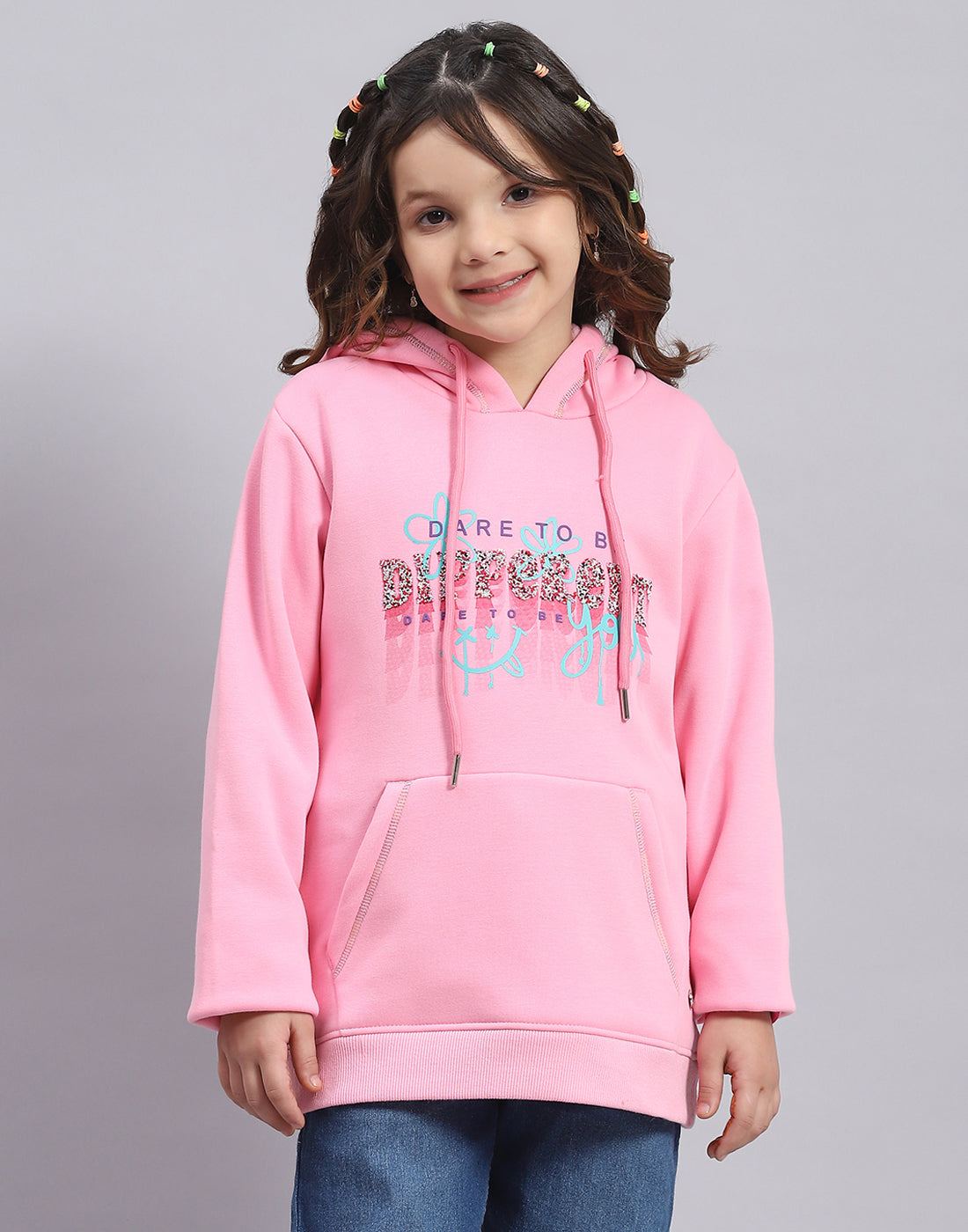 Girls Pink Printed Hooded Full Sleeve Sweatshirt