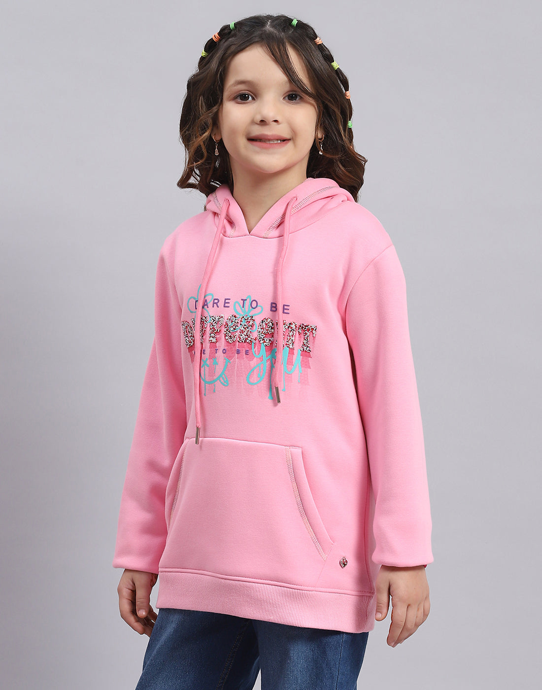 Girls Pink Printed Hooded Full Sleeve Sweatshirt