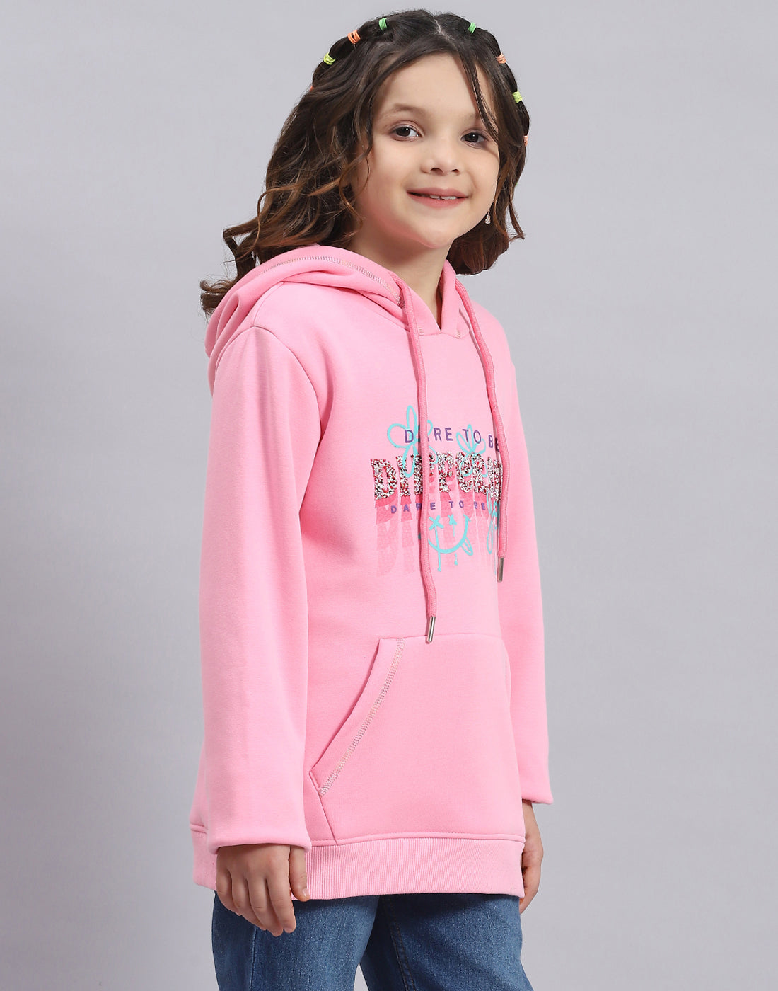 Girls Pink Printed Hooded Full Sleeve Sweatshirt