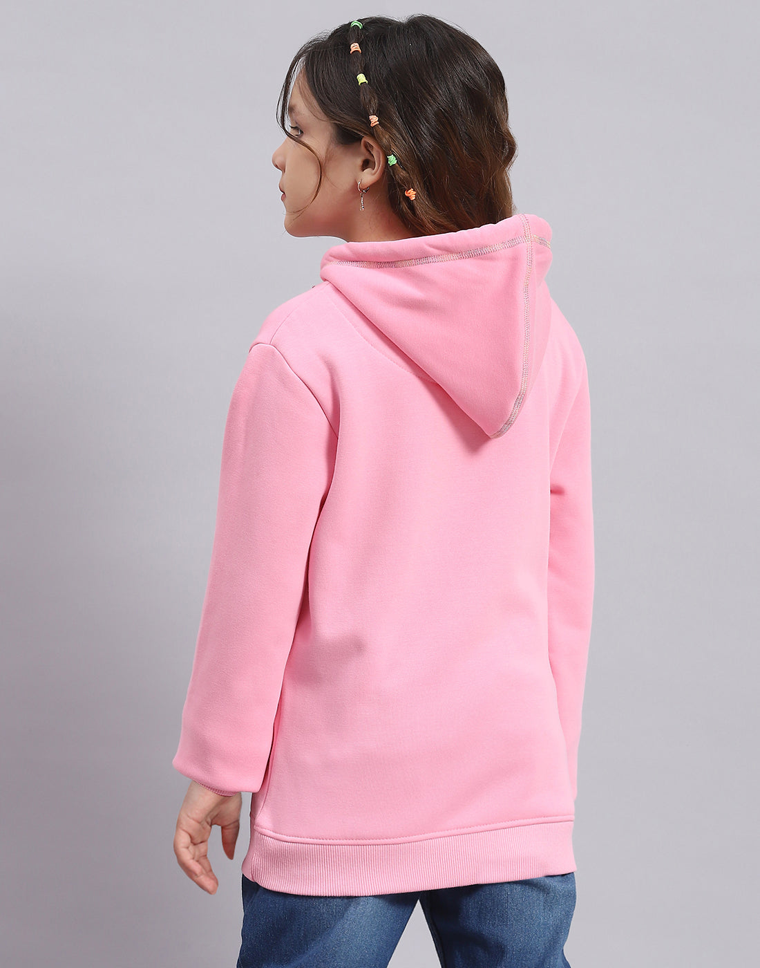 Girls Pink Printed Hooded Full Sleeve Sweatshirt