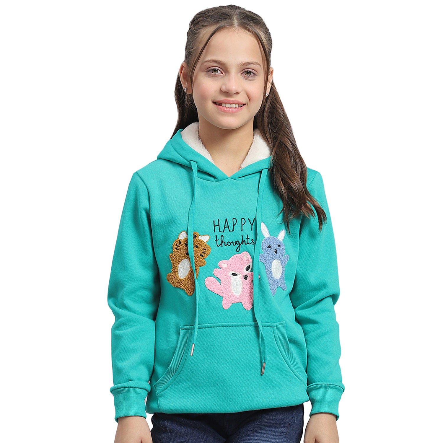 Girls Turquoise Blue Embroidered Hooded Full Sleeve Sweatshirt