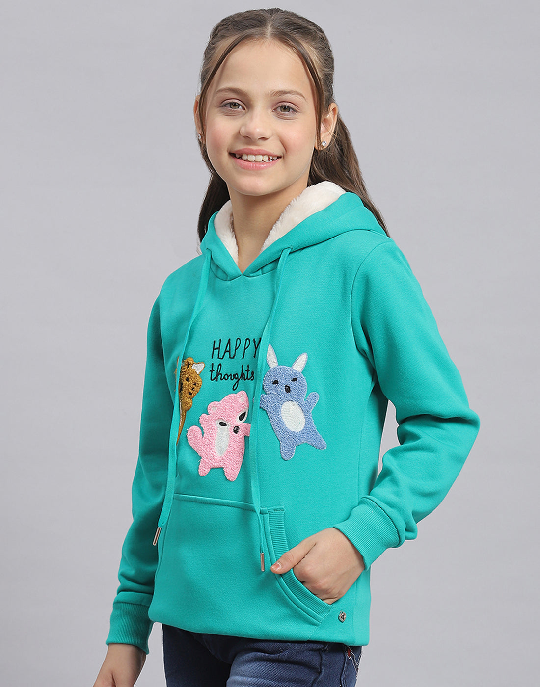 Girls Turquoise Blue Embroidered Hooded Full Sleeve Sweatshirt