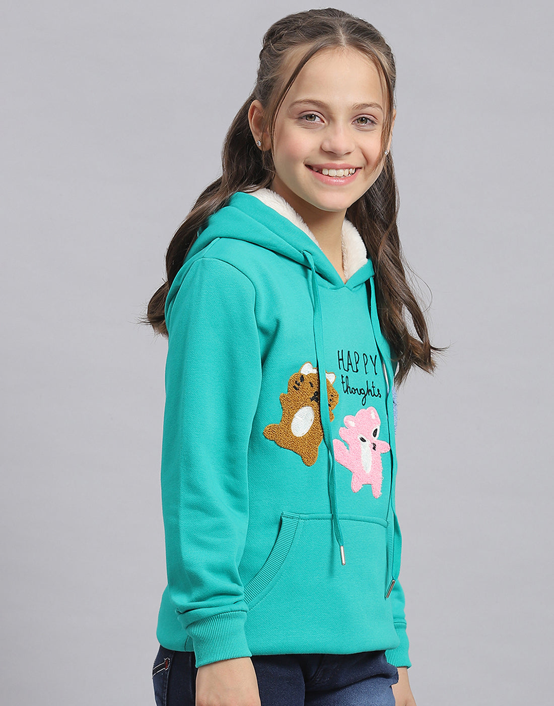 Girls Turquoise Blue Embroidered Hooded Full Sleeve Sweatshirt