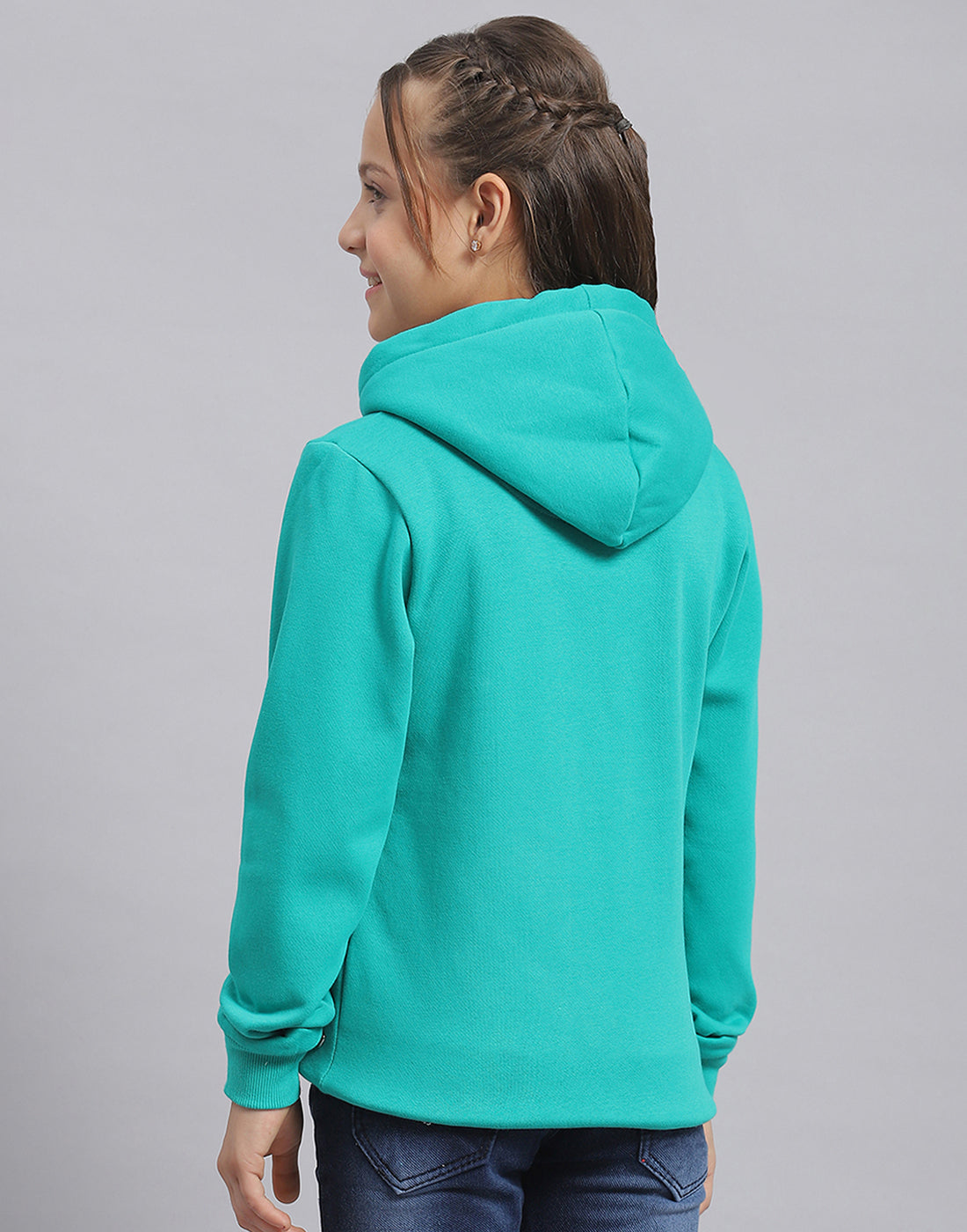 Girls Turquoise Blue Embroidered Hooded Full Sleeve Sweatshirt