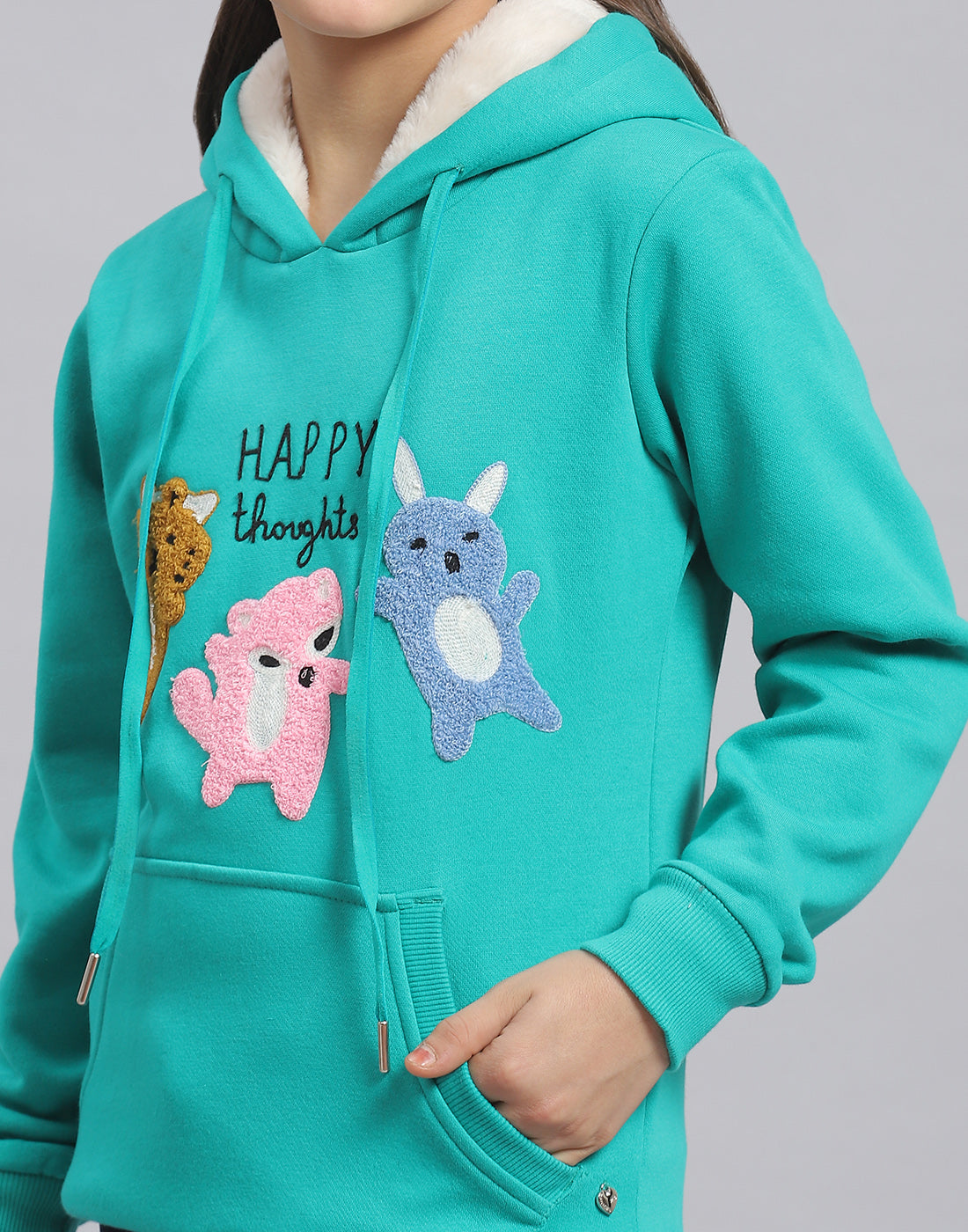 Girls Turquoise Blue Embroidered Hooded Full Sleeve Sweatshirt