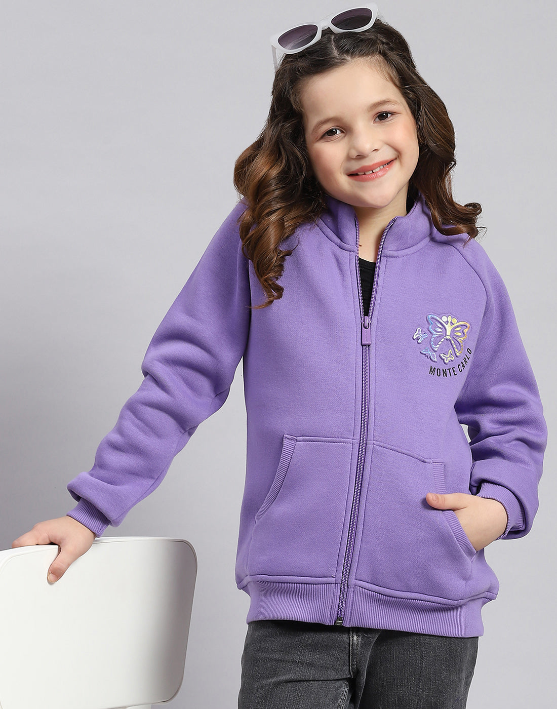 Girls Purple Printed Stand Collar Full Sleeve Sweatshirt