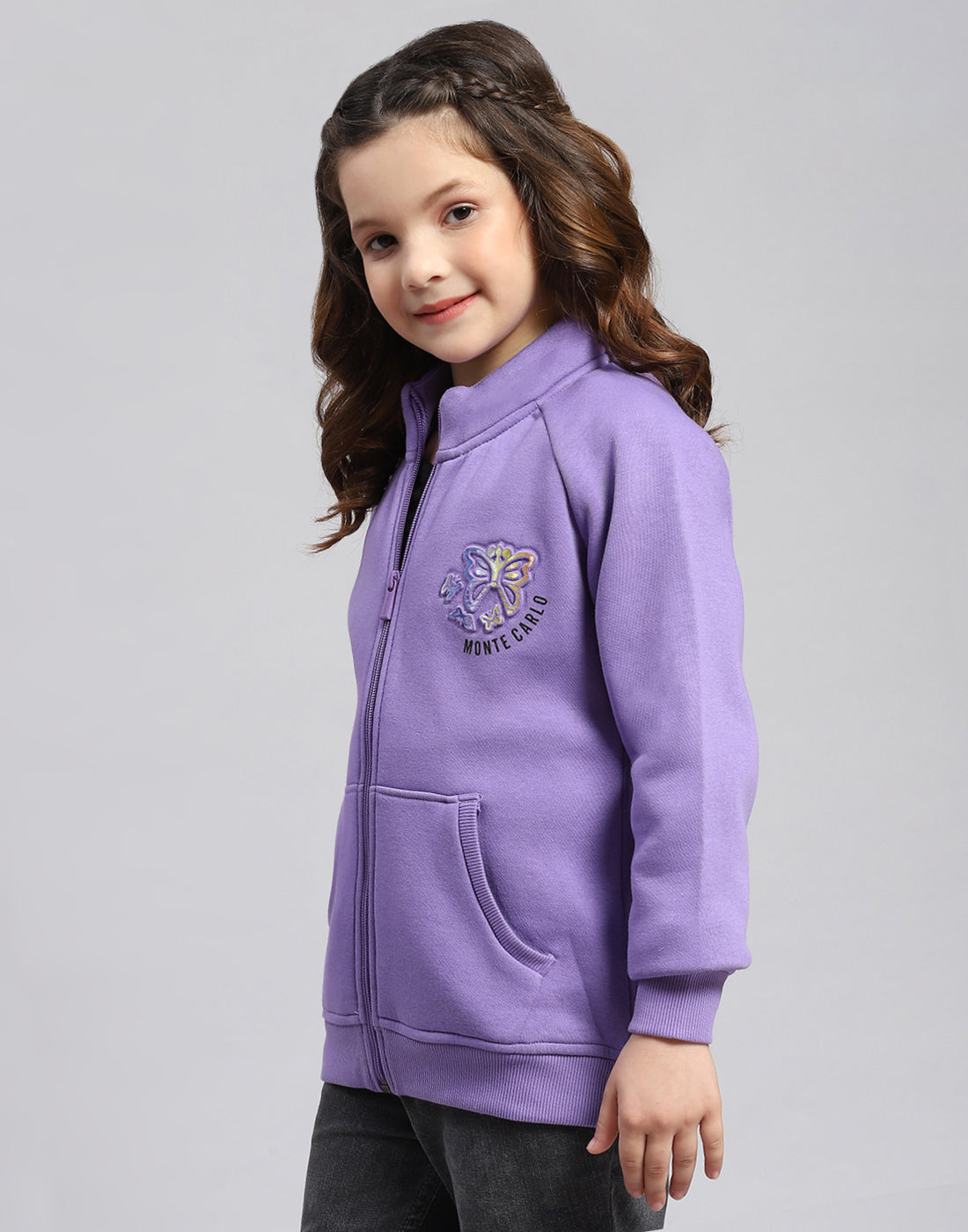 Girls Purple Printed Stand Collar Full Sleeve Sweatshirt