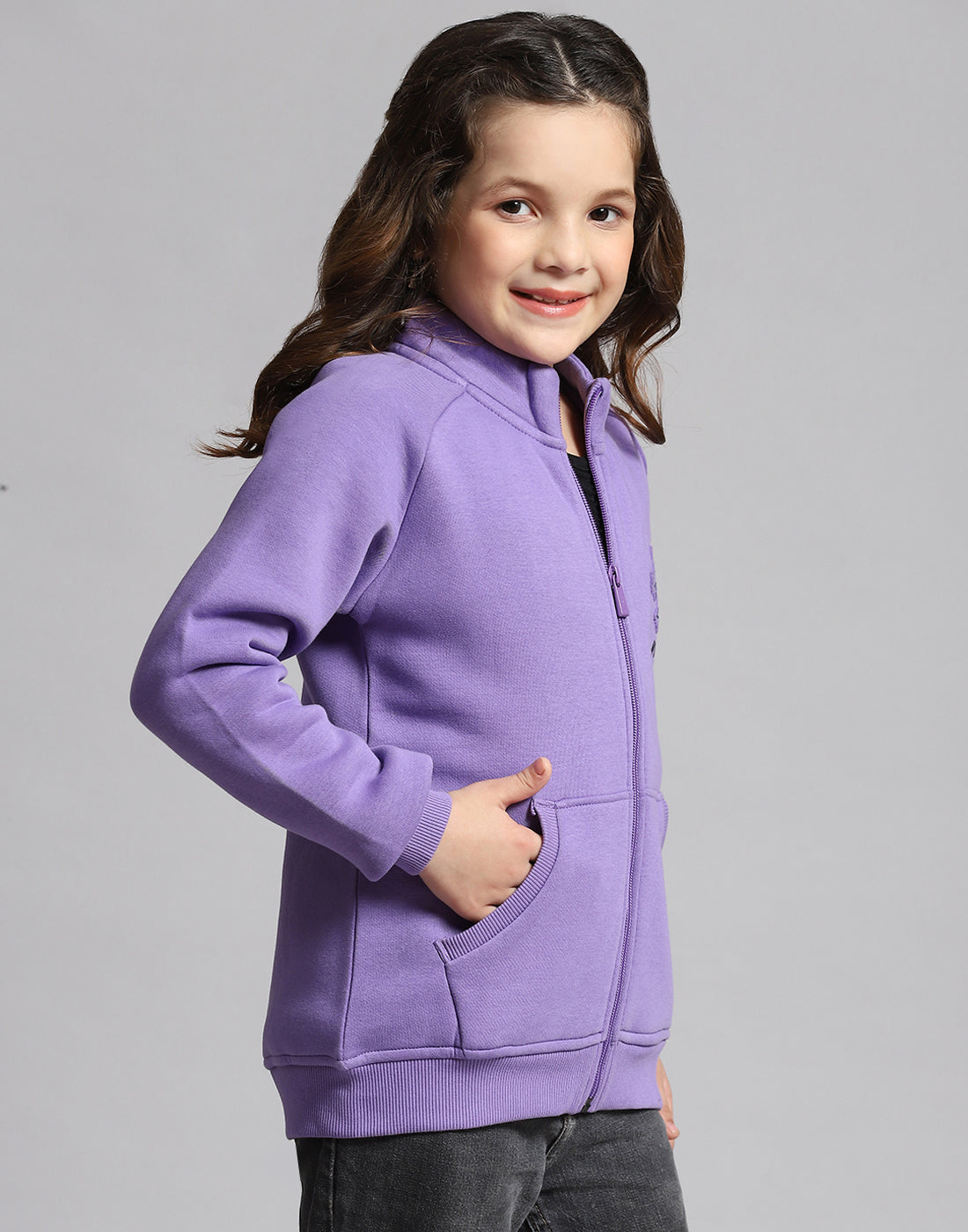 Girls Purple Printed Stand Collar Full Sleeve Sweatshirt