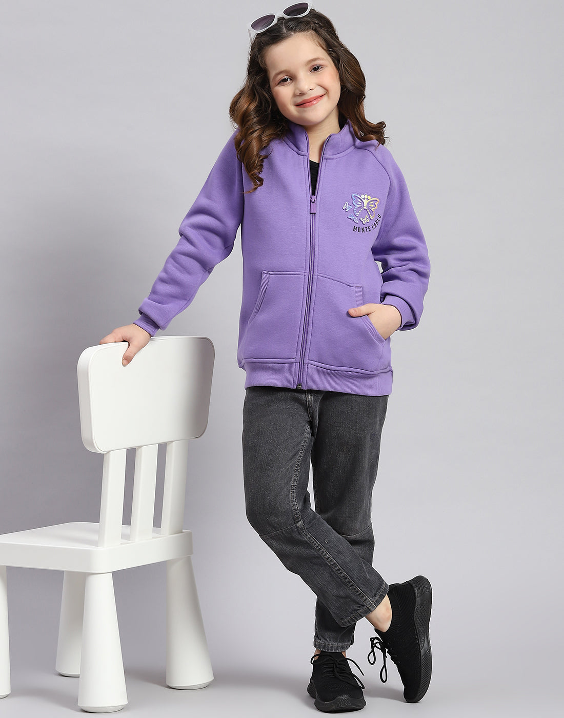 Girls Purple Printed Stand Collar Full Sleeve Sweatshirt