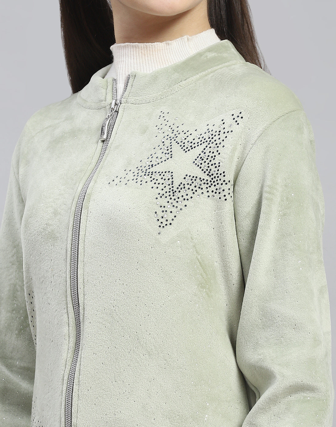 Girls Green Embellished Stand Collar Full Sleeve Sweatshirt