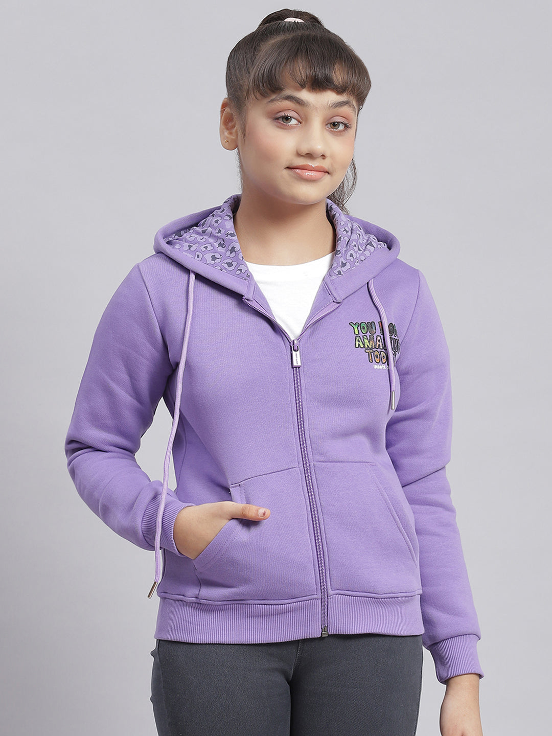 Girls Purple Solid Hooded Full Sleeve Sweatshirt