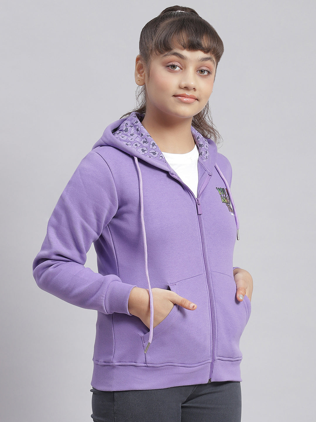 Girls Purple Solid Hooded Full Sleeve Sweatshirt