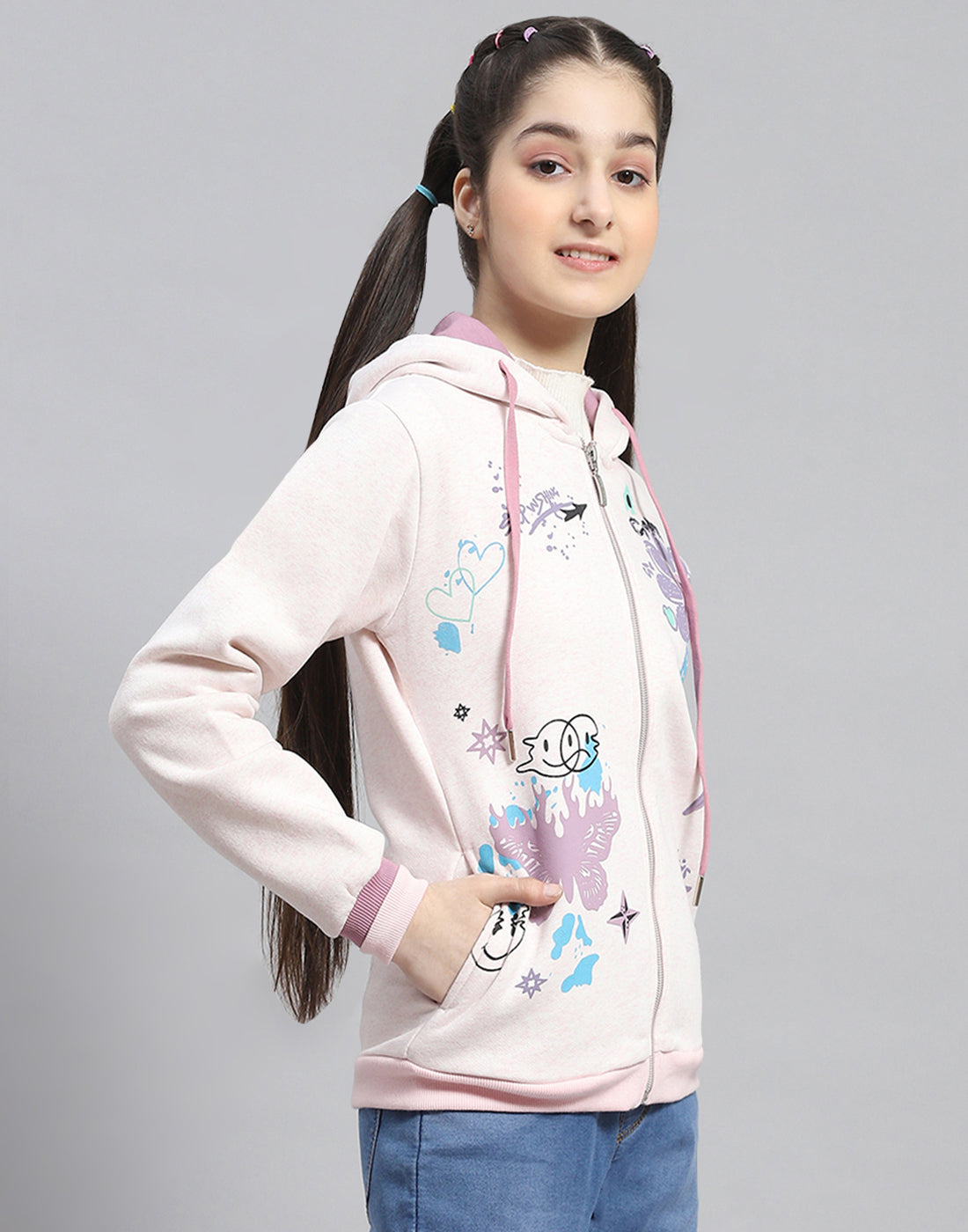 Girls Pink Printed Hooded Full Sleeve Sweatshirt