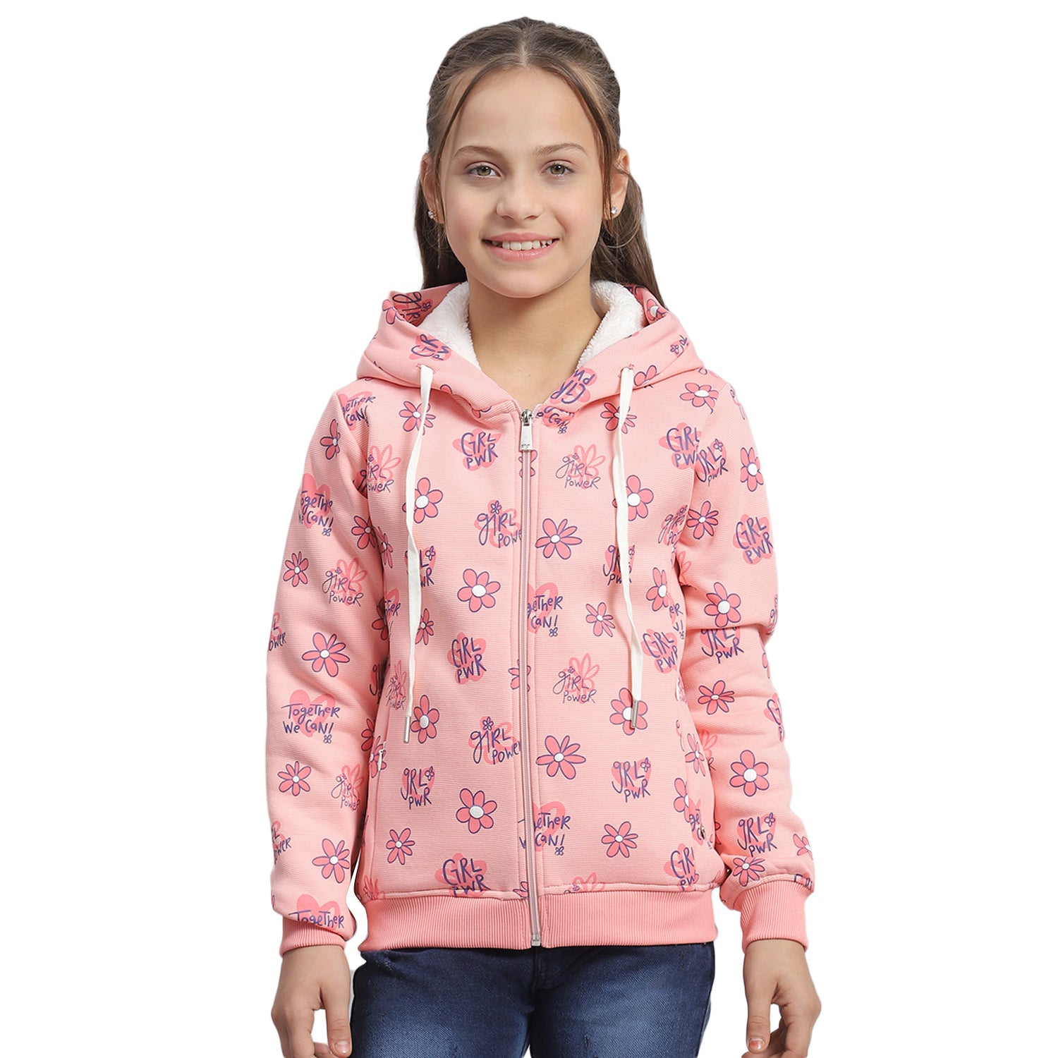 Girls Pink Printed Hooded Full Sleeve Sweatshirt