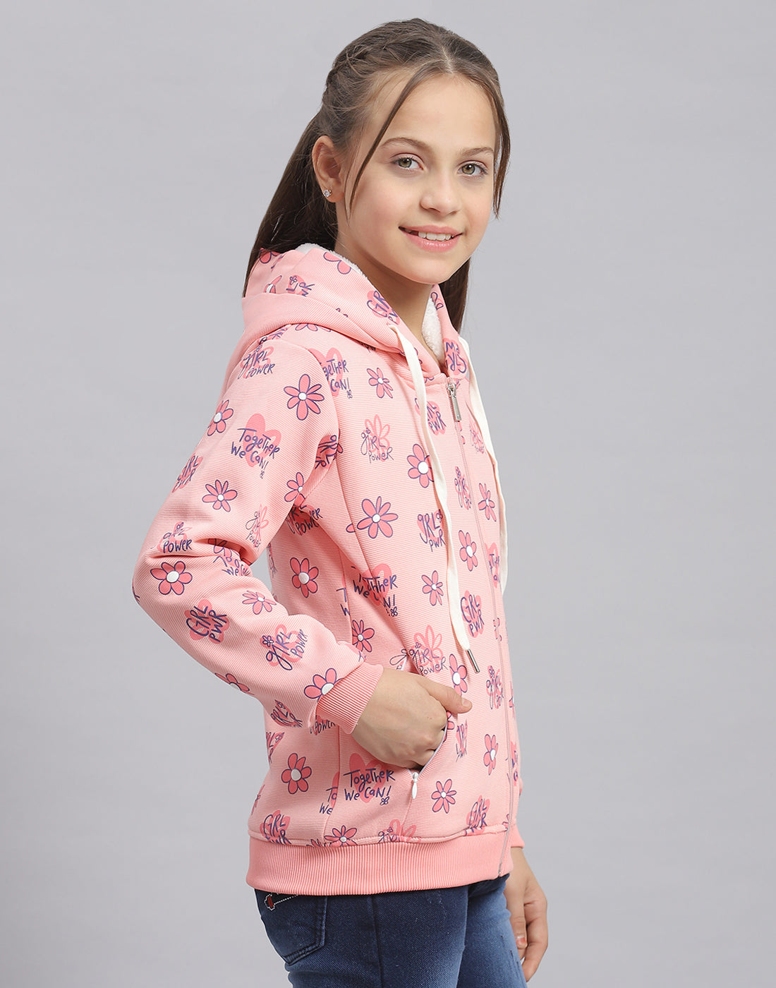 Girls Pink Printed Hooded Full Sleeve Sweatshirt