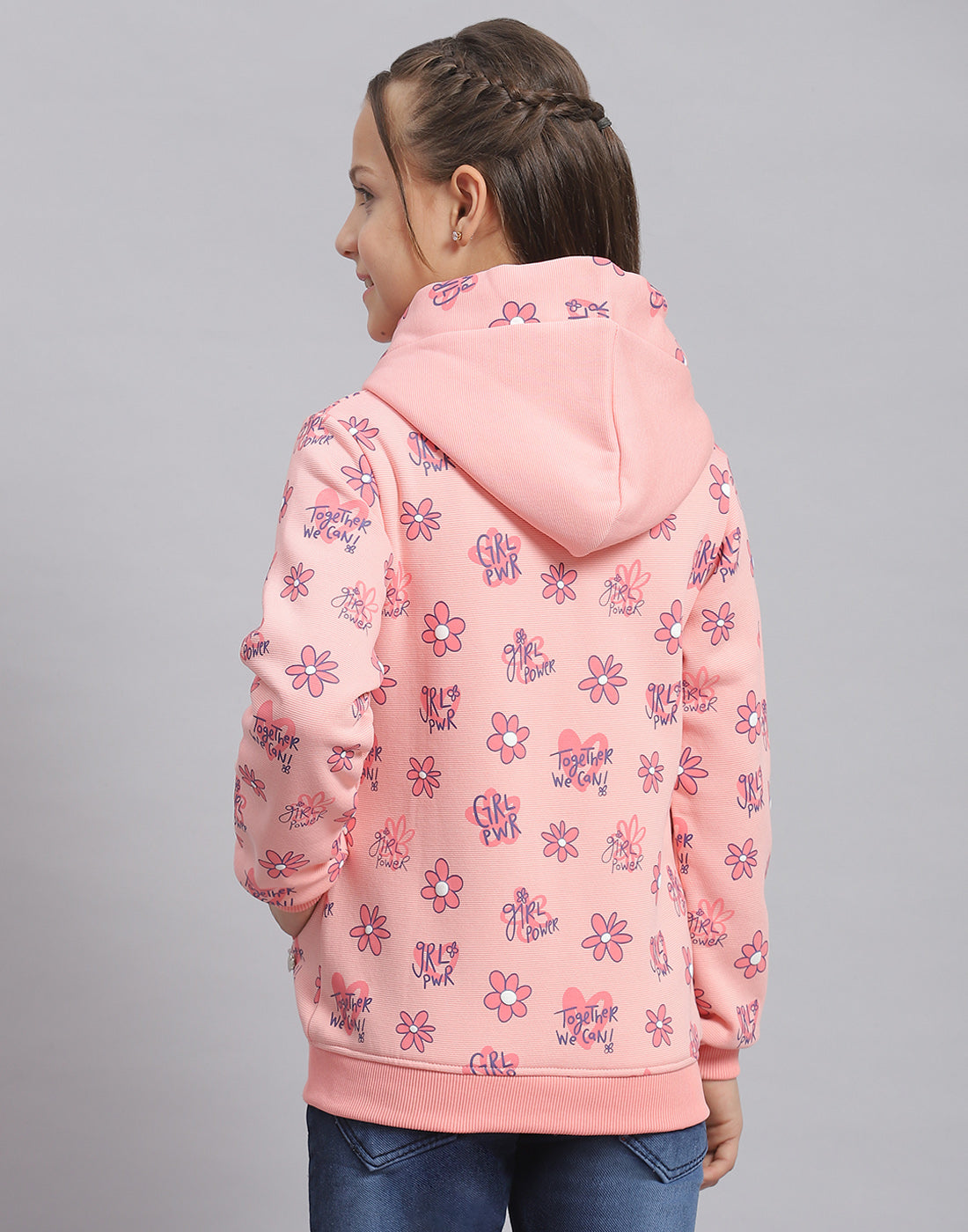 Girls Pink Printed Hooded Full Sleeve Sweatshirt