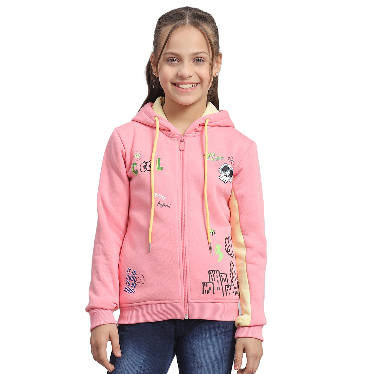 Girls Pink Printed Hooded Full Sleeve Sweatshirt