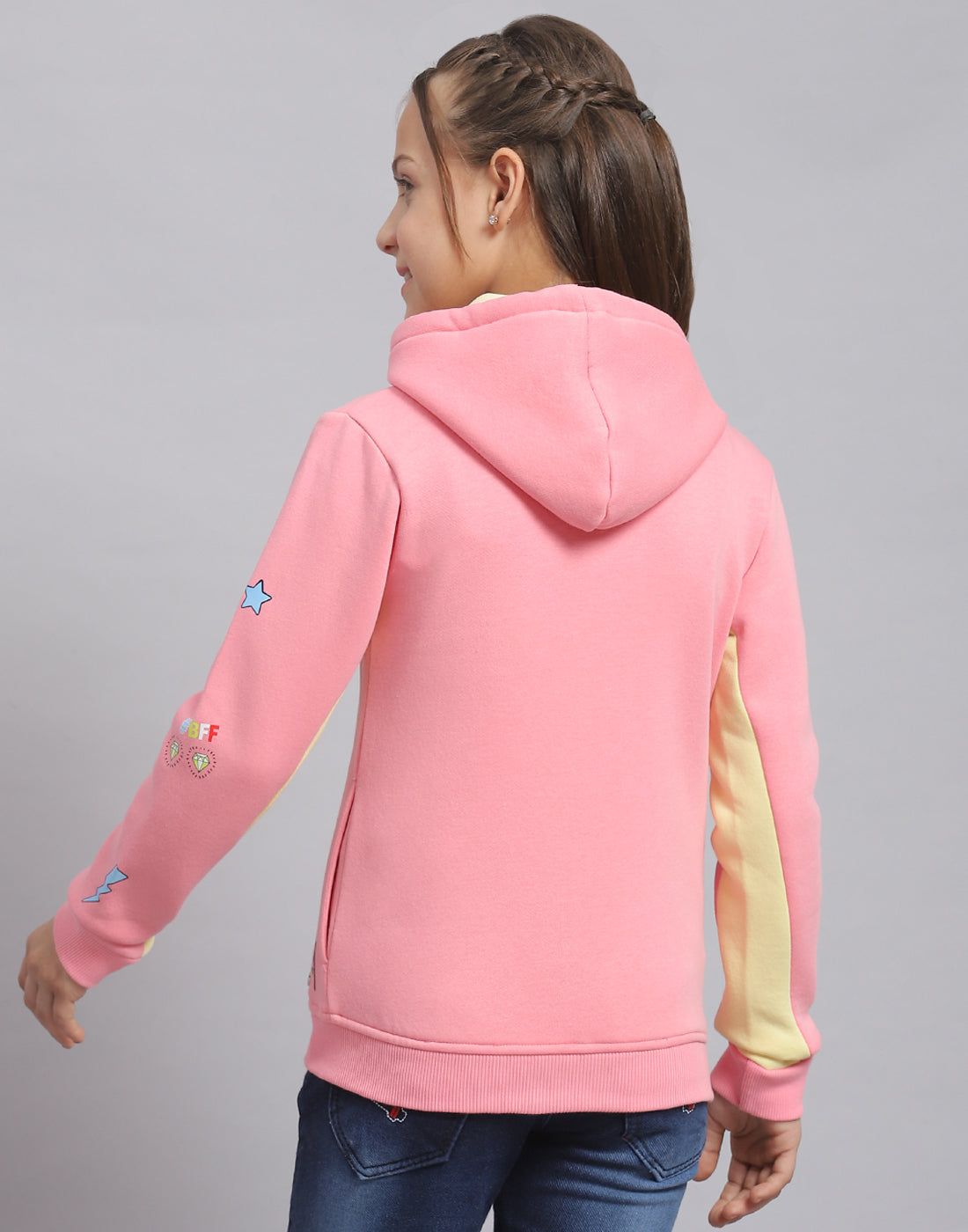 Girls Pink Printed Hooded Full Sleeve Sweatshirt