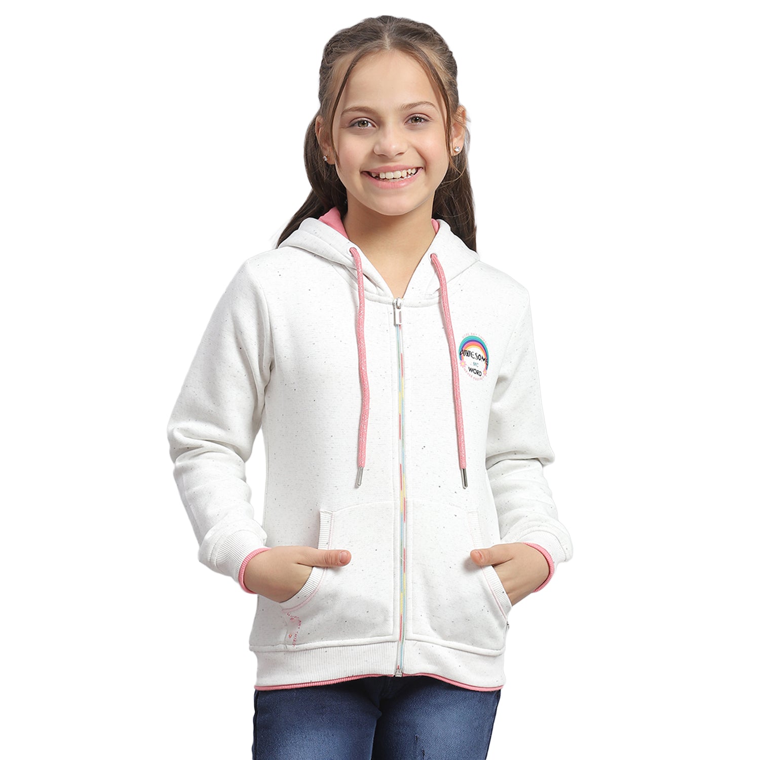 Girls Off White Printed Hooded Full Sleeve Sweatshirt