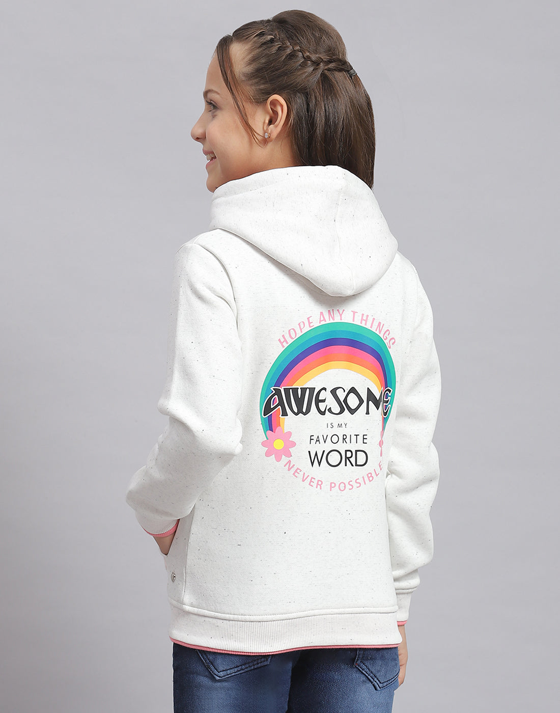 Girls Off White Printed Hooded Full Sleeve Sweatshirt