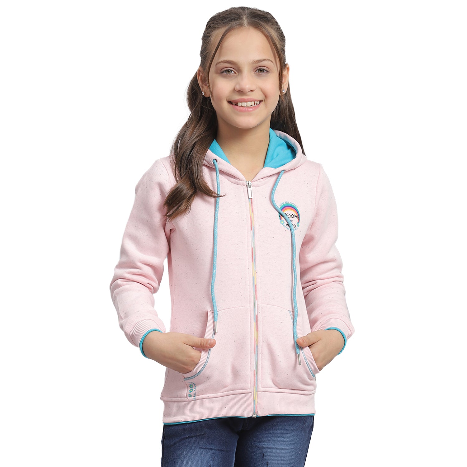 Girls Pink Printed Hooded Full Sleeve Sweatshirt