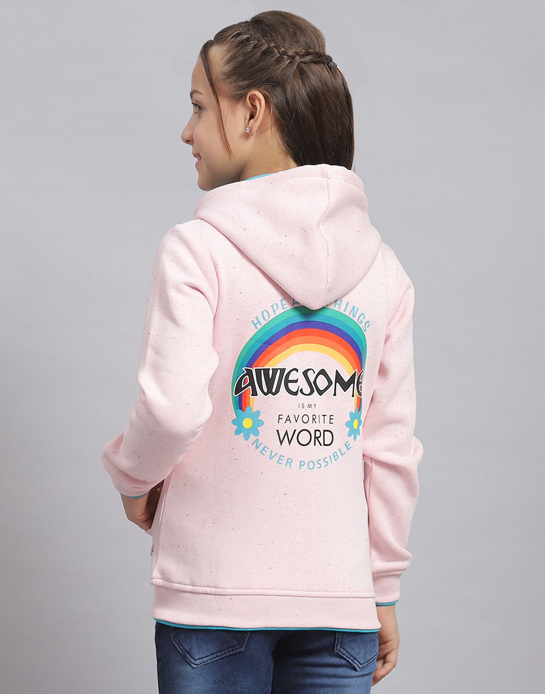 Girls Pink Printed Hooded Full Sleeve Sweatshirt