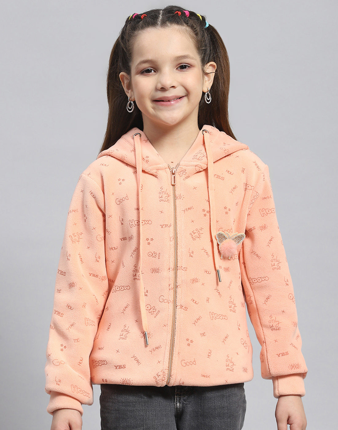 Girls Peach Printed Hooded Full Sleeve Sweatshirt