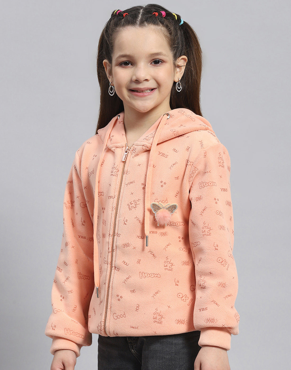 Girls Peach Printed Hooded Full Sleeve Sweatshirt