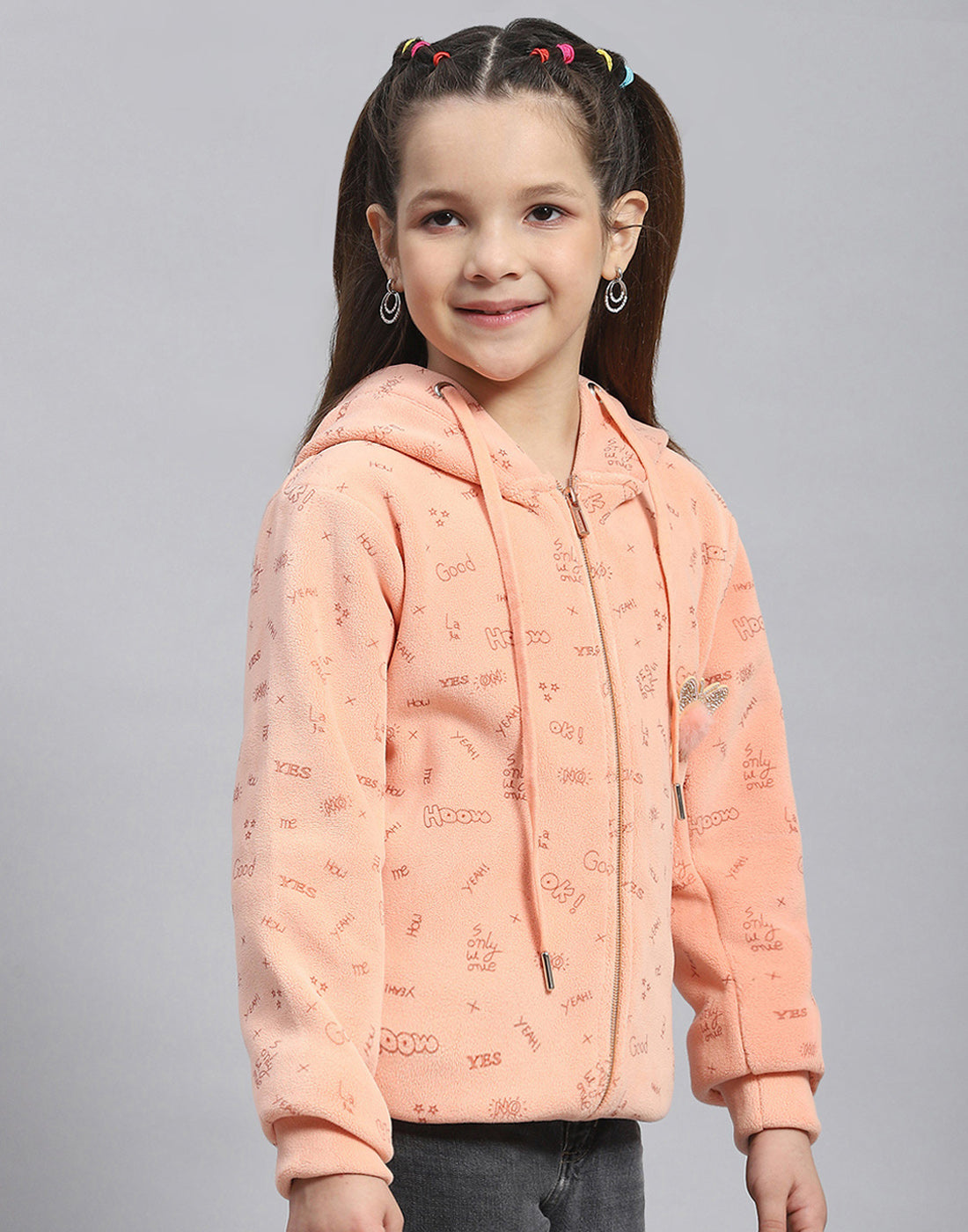 Girls Peach Printed Hooded Full Sleeve Sweatshirt