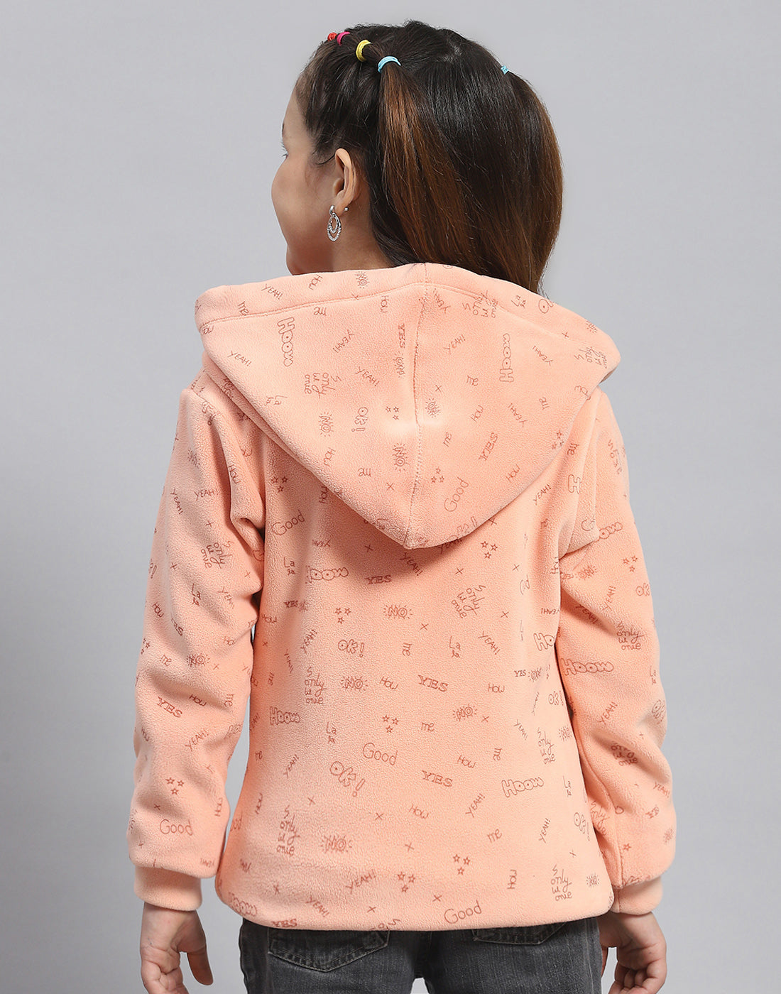 Girls Peach Printed Hooded Full Sleeve Sweatshirt