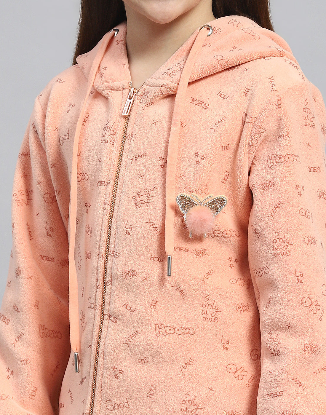 Girls Peach Printed Hooded Full Sleeve Sweatshirt