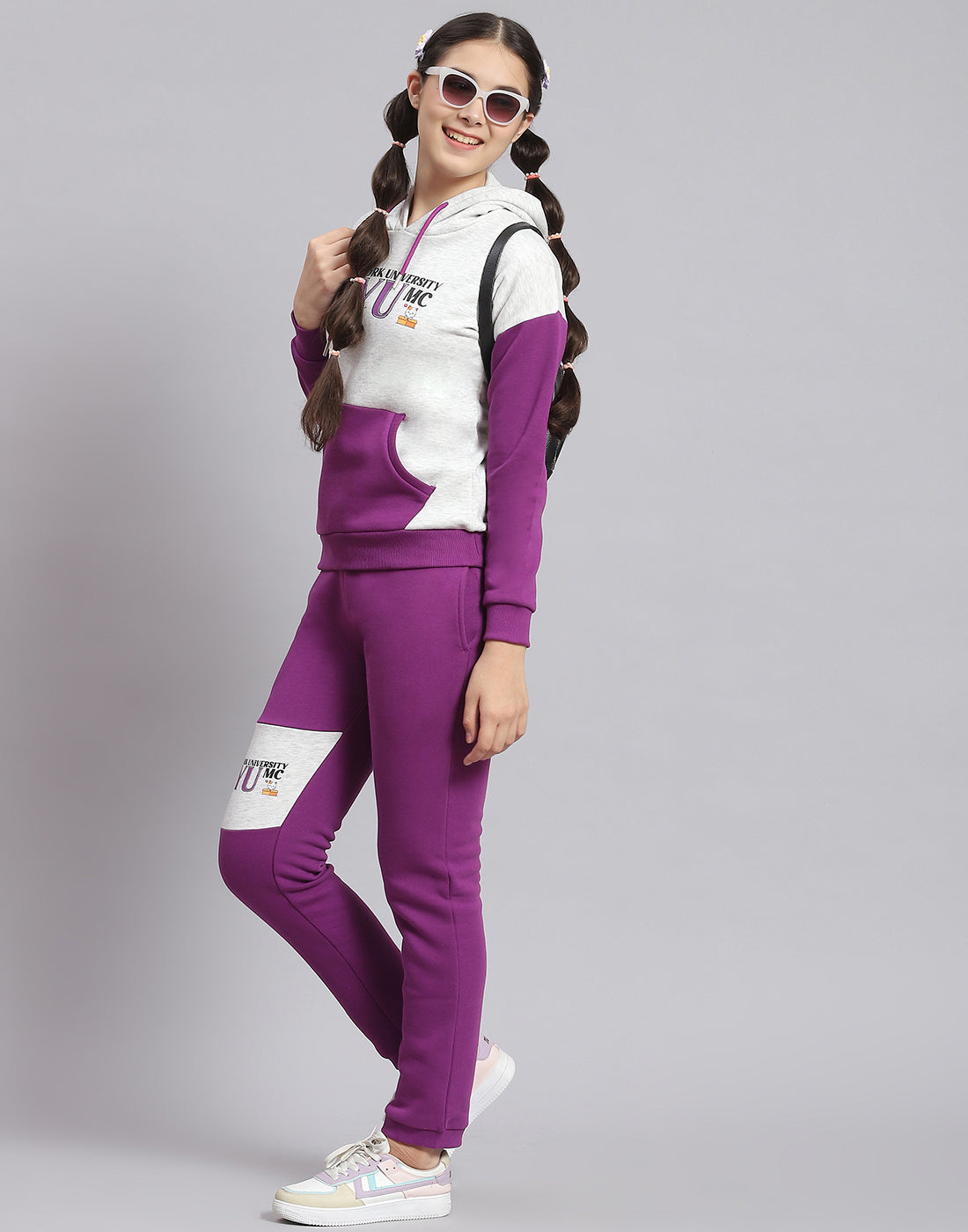 Girls Purple Printed Hooded Full Sleeve Tracksuit