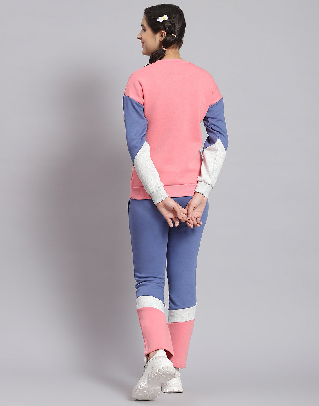 Girls Peach Printed Round Neck Full Sleeve Tracksuit