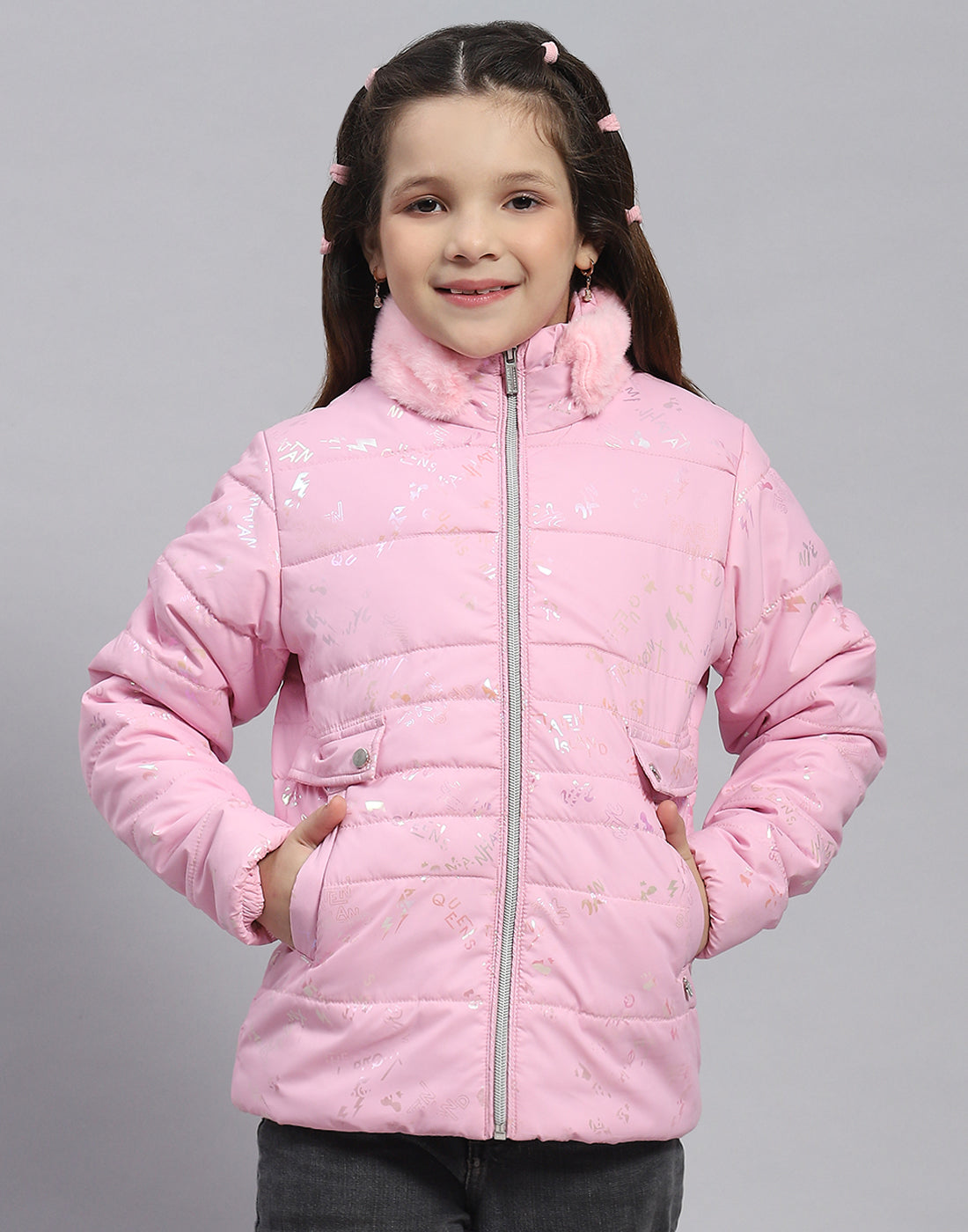 Girls Pink Check Stand Collar Full Sleeve Girls Jacket