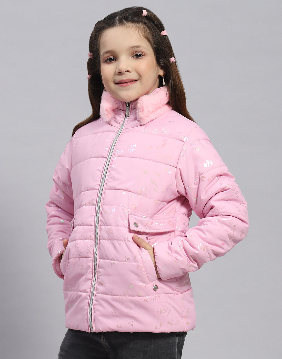 Girls Pink Check Stand Collar Full Sleeve Girls Jacket