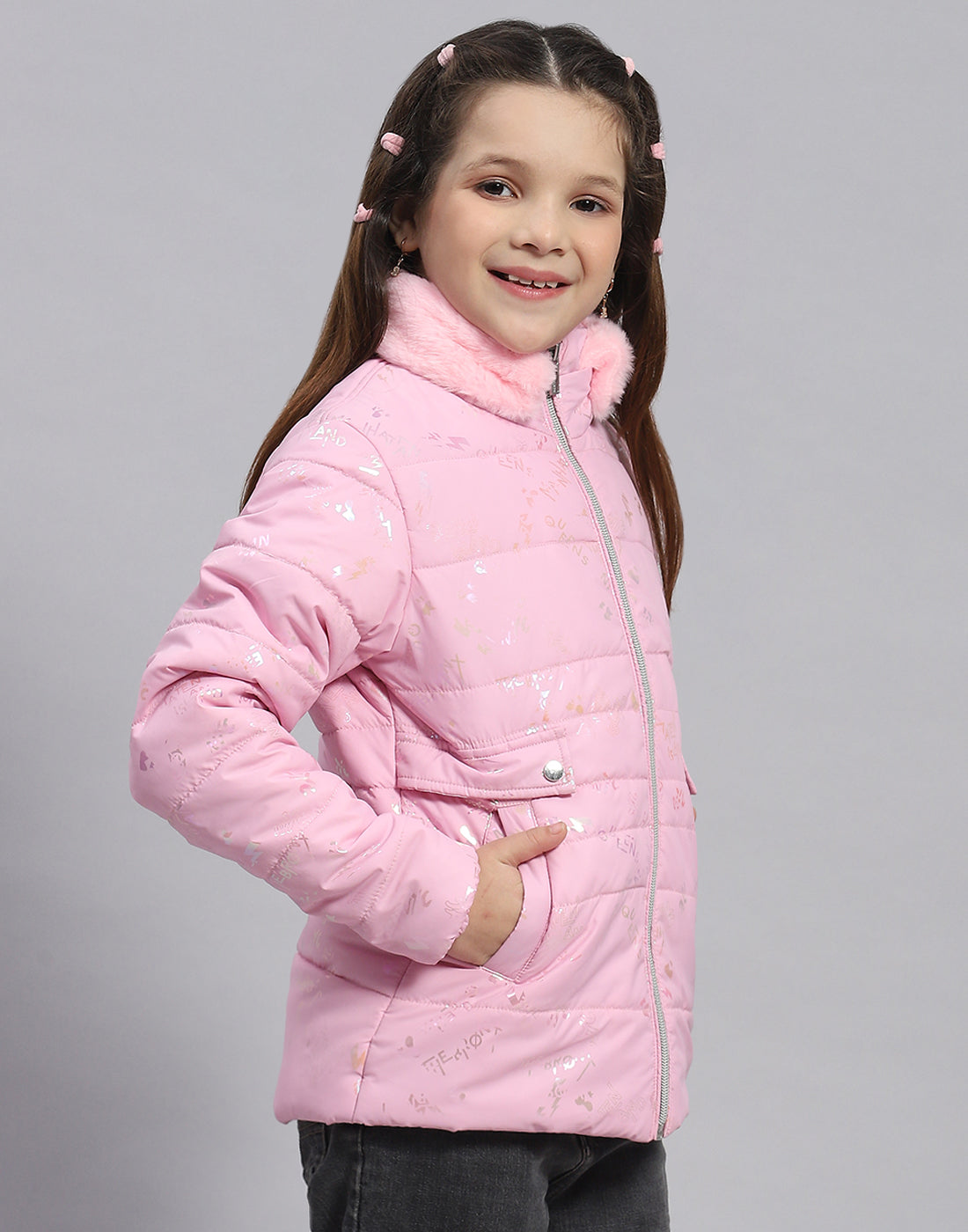 Girls Pink Check Stand Collar Full Sleeve Girls Jacket