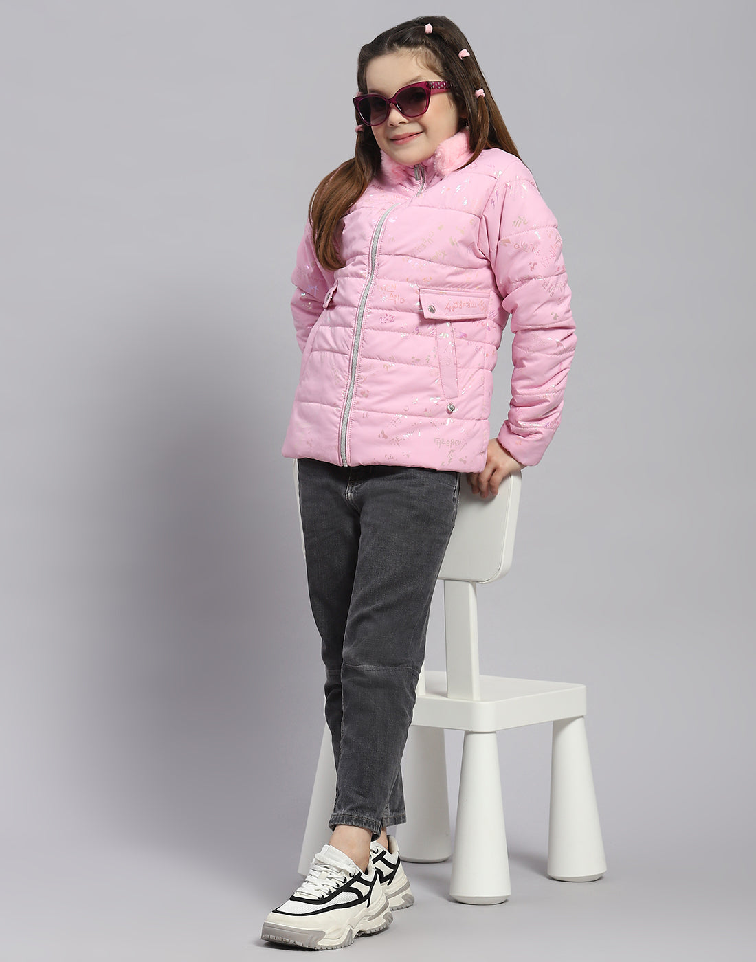 Girls Pink Check Stand Collar Full Sleeve Girls Jacket