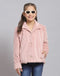 Girls Pink Self Design Collar Full Sleeve Coat