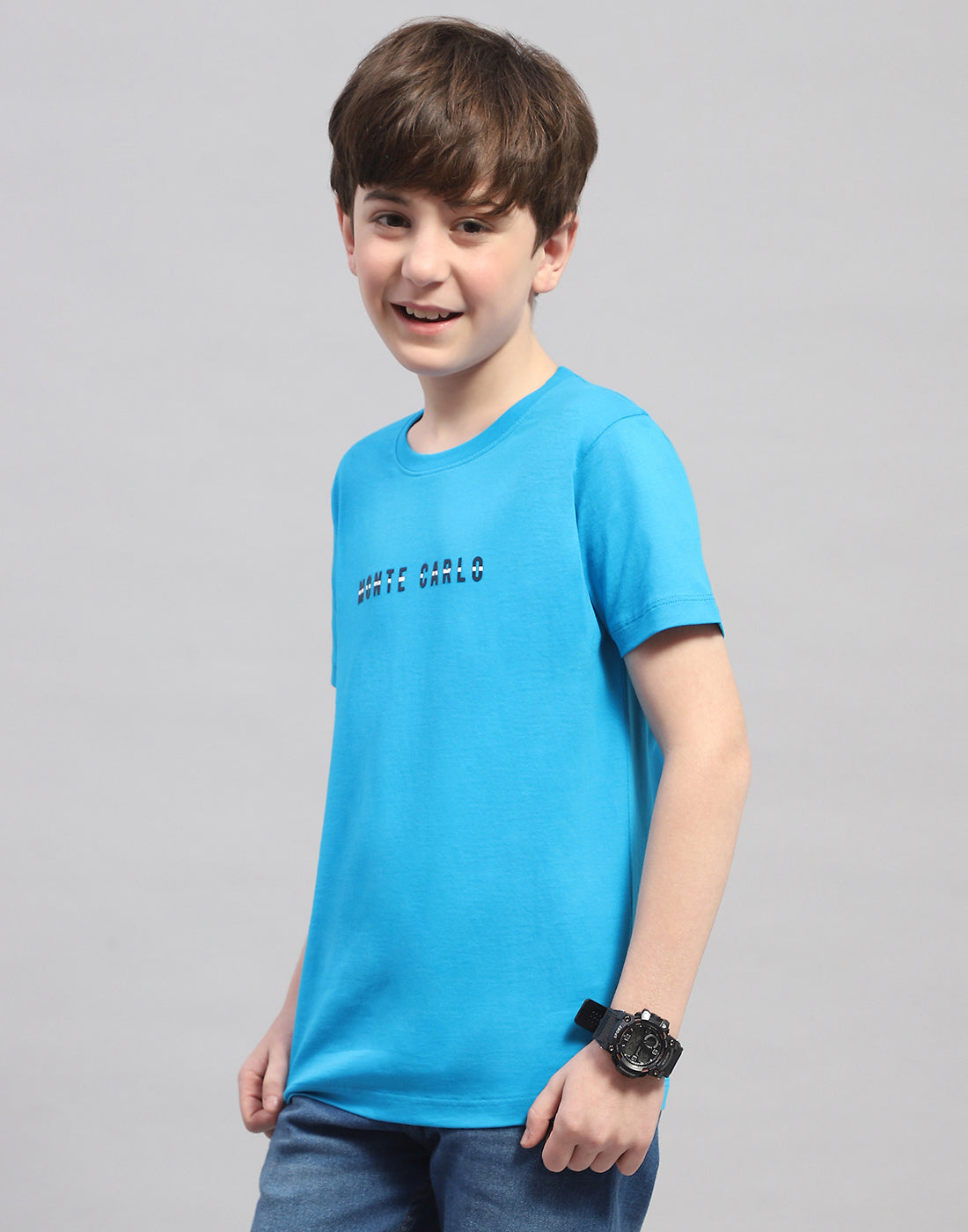 Boys Turquoise Blue Printed Round Neck Half Sleeve T-Shirt