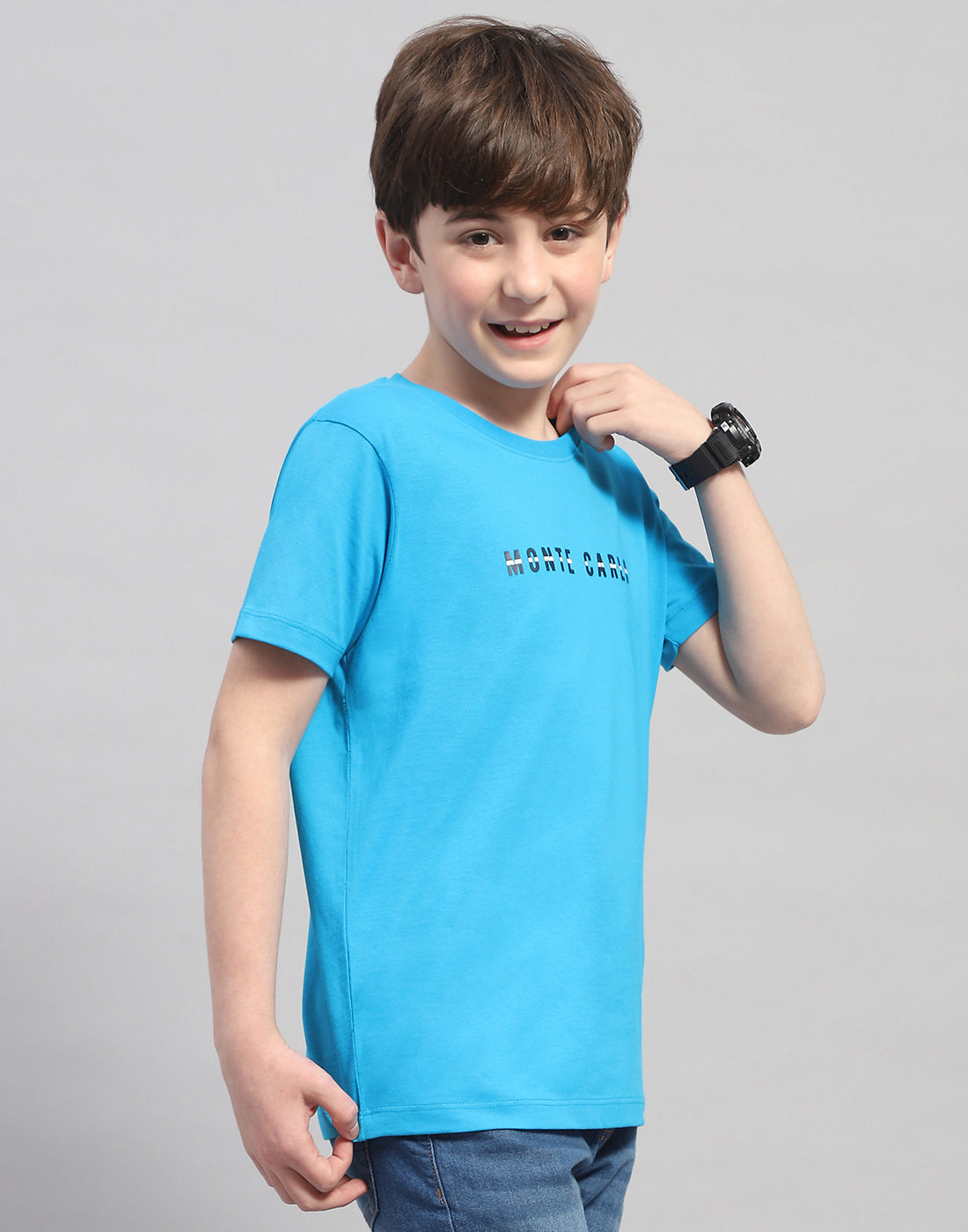 Boys Turquoise Blue Printed Round Neck Half Sleeve T-Shirt