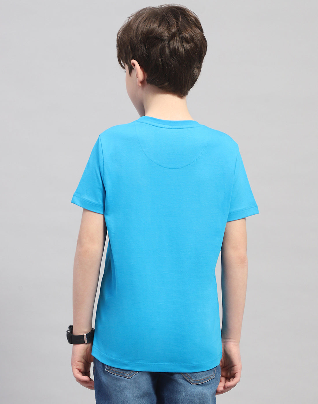 Boys Turquoise Blue Printed Round Neck Half Sleeve T-Shirt