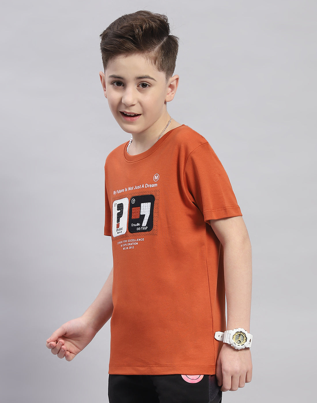 Boys Rust Printed Round Neck Half Sleeve T-Shirt