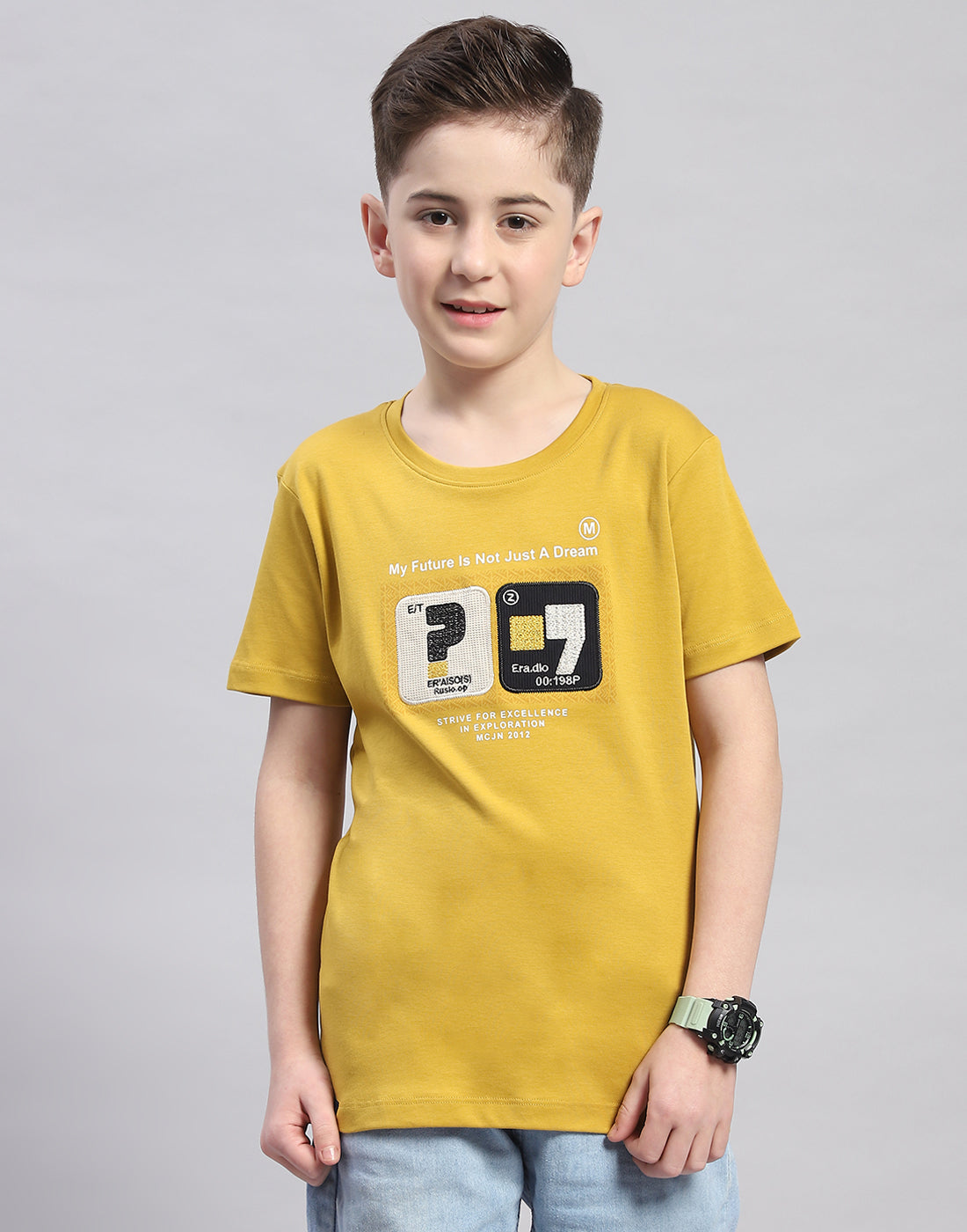 Boys Mustard Printed Round Neck Half Sleeve T-Shirt