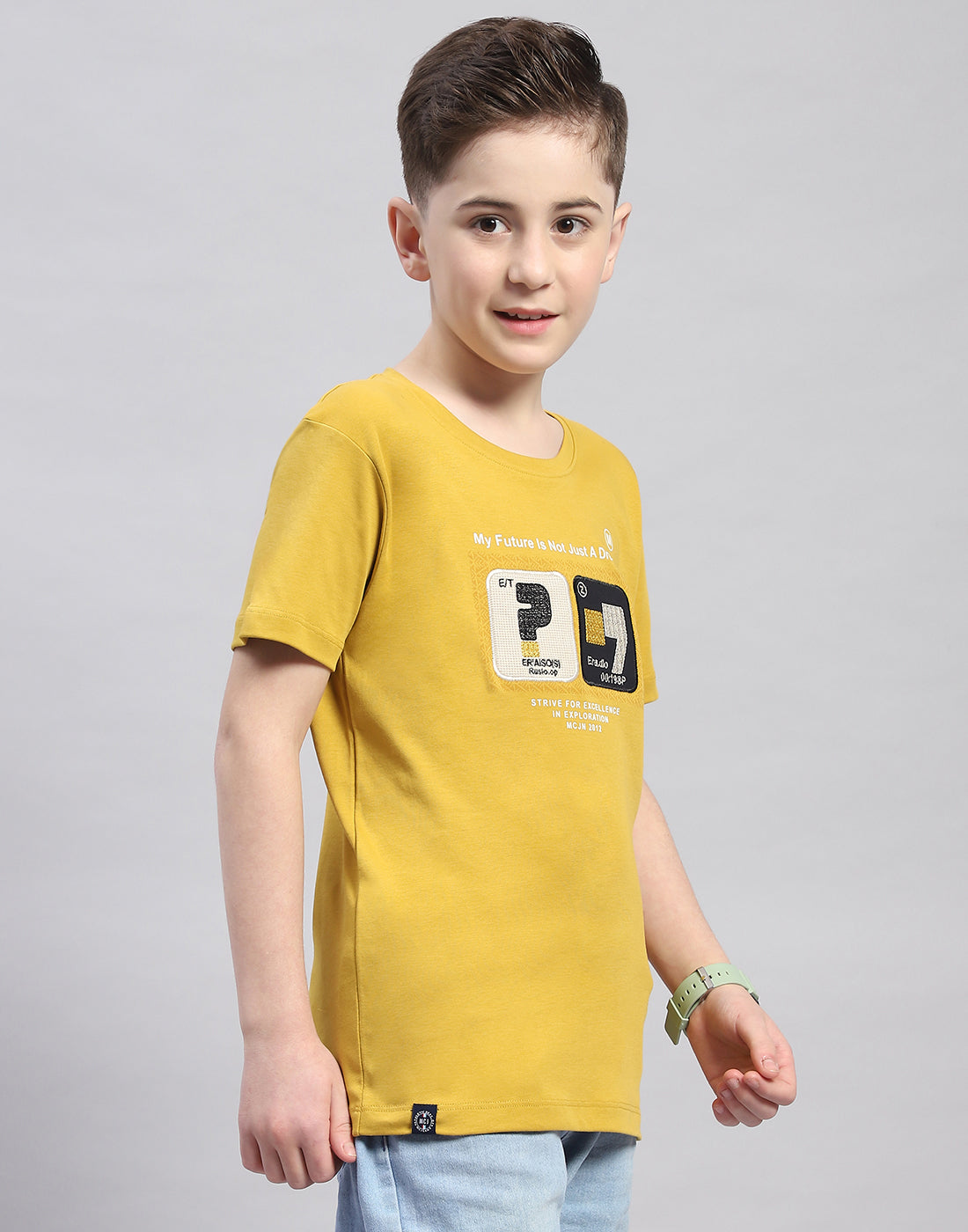 Boys Mustard Printed Round Neck Half Sleeve T-Shirt