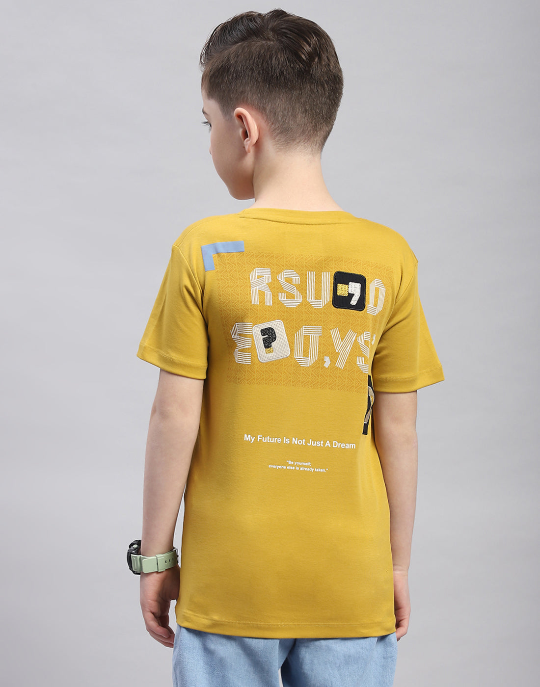 Boys Mustard Printed Round Neck Half Sleeve T-Shirt