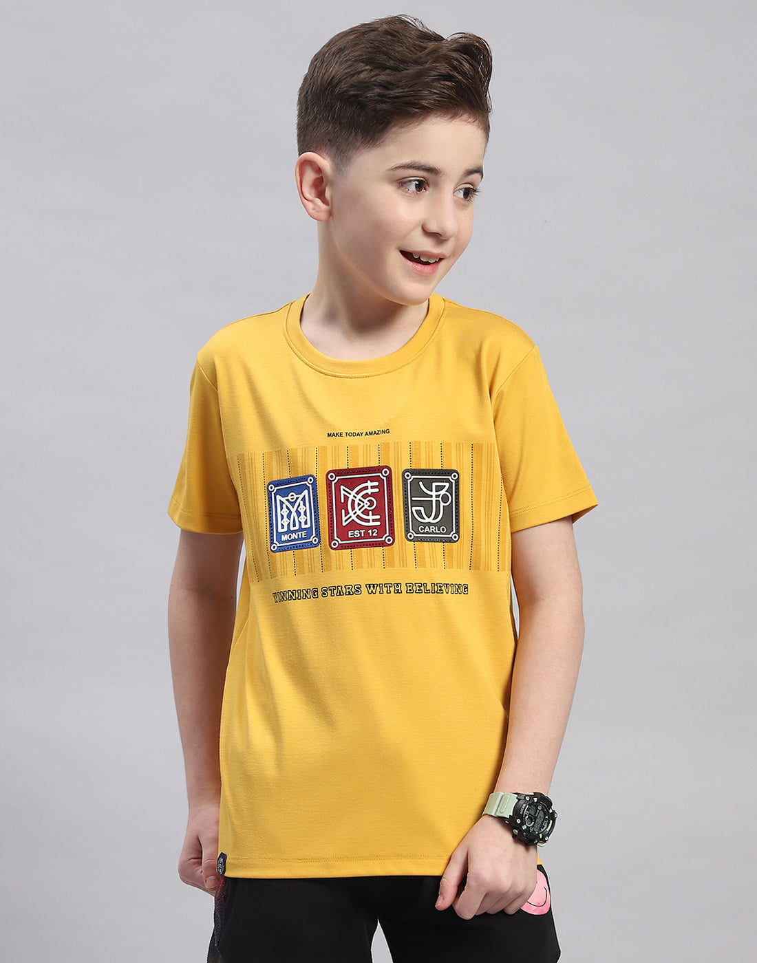 Boys Yellow Printed Round Neck Half Sleeve T-Shirt